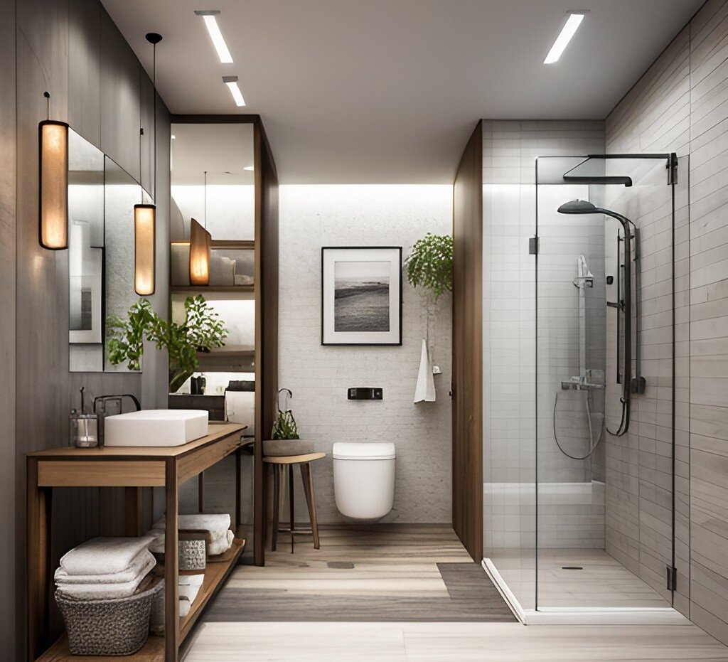 Дизайн душевой кабины в ванной комнате с туалетом, интерьер маленького санузла с угловым душем из стеклоблоков с керамическим поддоном