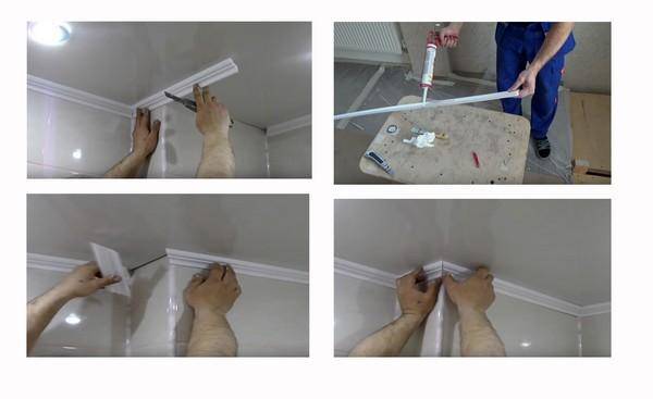Как приклеить потолочные плинтуса к натяжному потолку: правила поклейки багета (видео)
