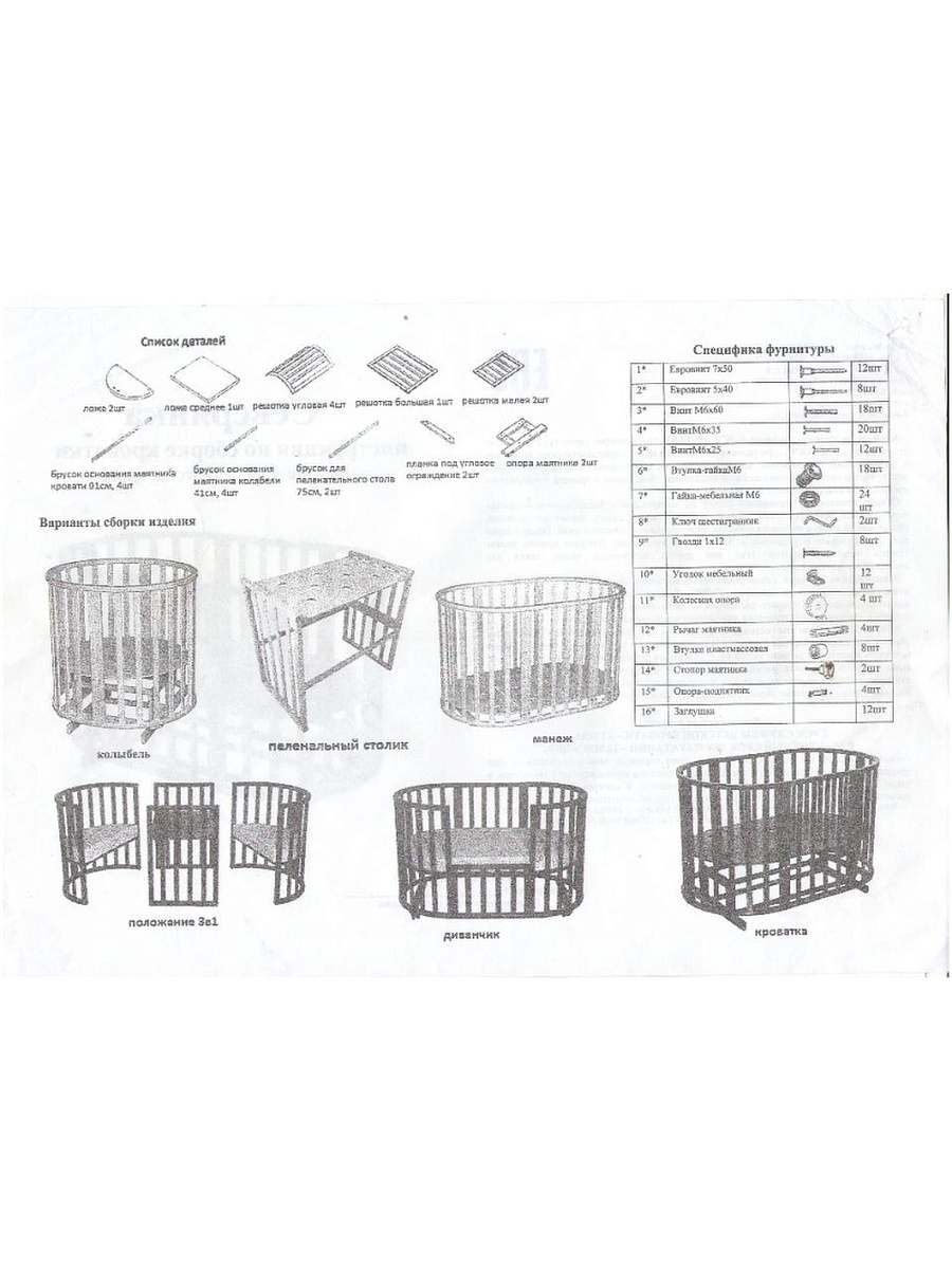 Кроватка трансформер 6в1 схема сборки