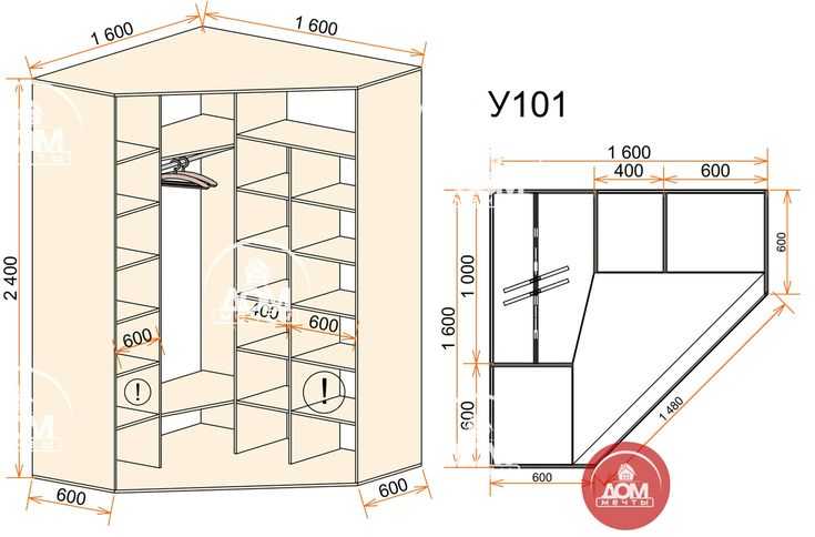 Схема углового шкафа с размерами