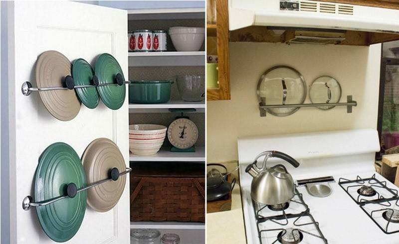 13 идей хранения крышек от кастрюль и сковородок на кухне